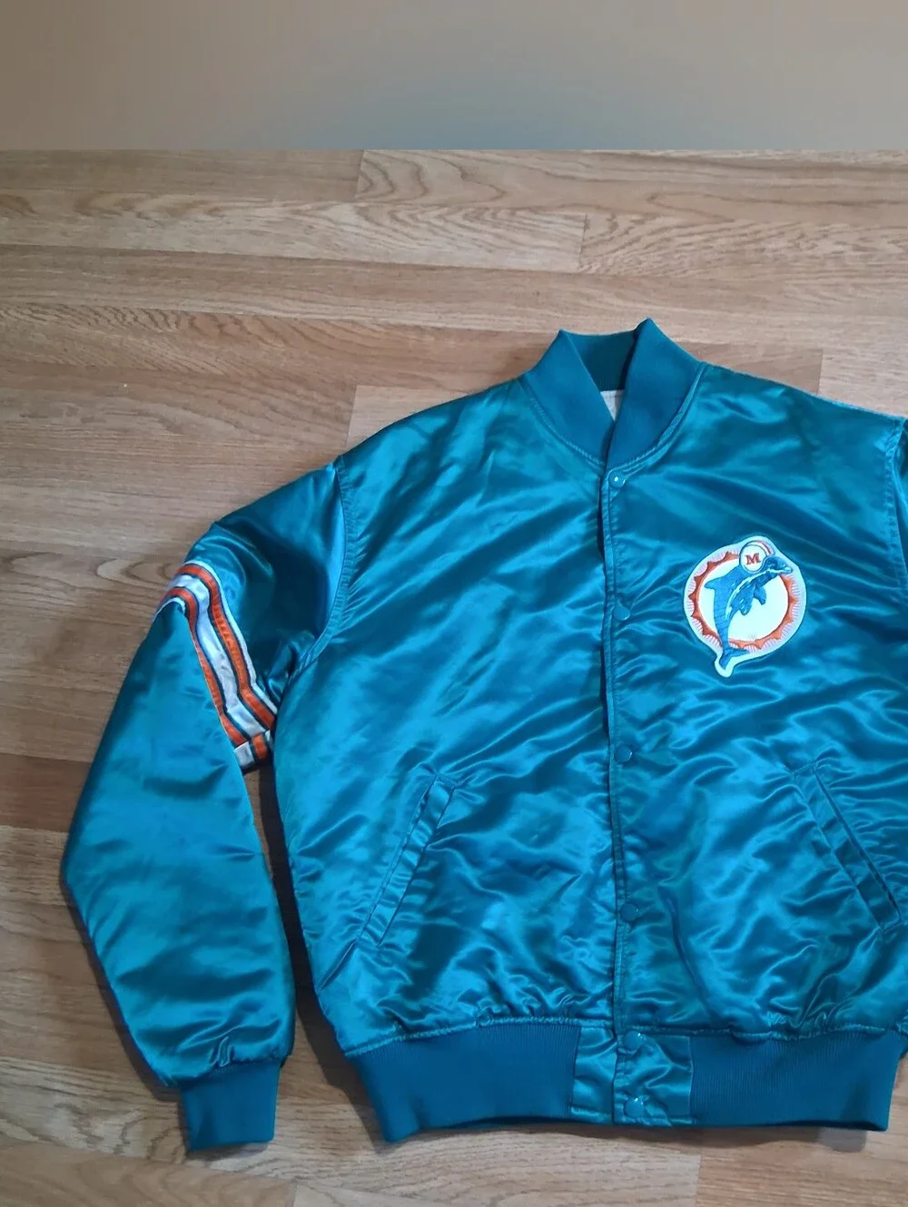 STARTER Teal Satin Dolphins Mens  Bomber Jacket Sz. L Made In Usa